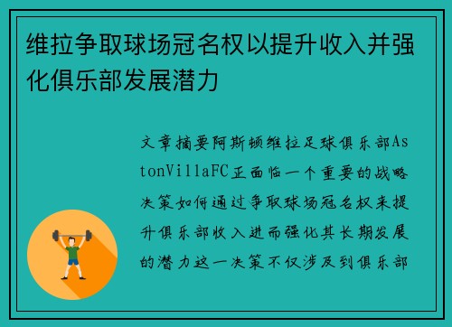 维拉争取球场冠名权以提升收入并强化俱乐部发展潜力